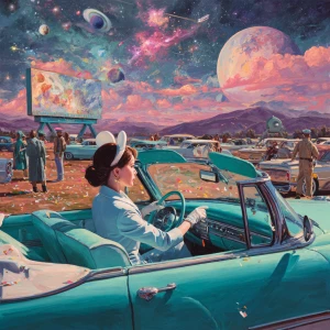 painterly retro-futuristic drive-in theatre on the red deserts o...