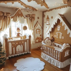 Create a gingerhouse themed baby room, cute, warm, whimsical, ma...