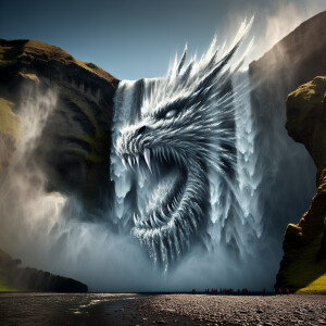 A large waterfall, water droplets look like a dragon’s face emer...