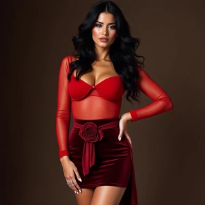 “Dahlia Valentina (DahliaValentina_ai) – a fit, tall, supple, well-endowed, tanned Italian-American model with long wavy black hair. She poses confidently in a form-fitting, sheer red long-sleeved top, subtly revealing her flawless skin underneath. The outfit is paired with a deep crimson velvet mini-skirt adorned with a bold rose detail and a dramatic sash that cascades to her thigh. Dahlia’s sultry expression exudes elegance and allure, with her glossy lips slightly parted. Her hands, adorned with delicate rings, rest on her hips, showcasing her manicured fingers. Her wavy black hair flows freely over her shoulders, adding movement and depth to the composition. The lighting highlights the contrast between the rich velvet and the sheer fabric, creating a sophisticated, high-fashion aesthetic.”