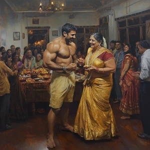 A realism-style painting depicting a muscular, sweat-glistened m...