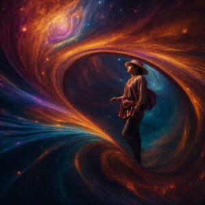 An ethereal figure, clad in shimmering robes of swirling cosmic...