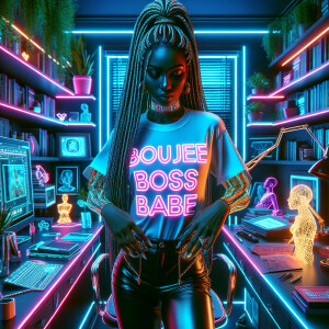 A powerful African American woman in her study wearing a shirt t...