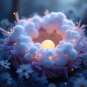 A close-up, dreamy, and peaceful image of a magical nest, emphas...