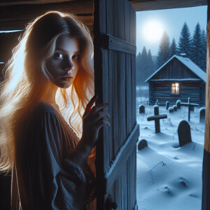 A girl with blonde hair opens the door of a house, looks at a gr...