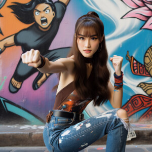 teenage girl, long brown hair and bangs, wearing tight skinny jeans and a halter top paint marks on her clothing, heroic pose Asian graffiti background, nearing on one knee