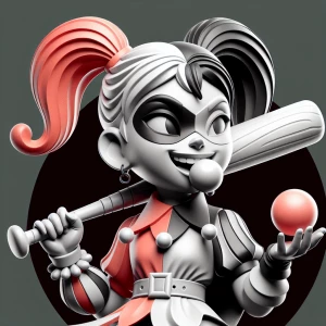 Grayscale 3d bas relief of Harley quinn holding a bat and blowin...