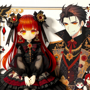 Lilith as a girl with elegant gothic lolita dress sit on the lap of handsome lucifer, the girl has red hair and golden eyes, thrones, black and red elegant luxury background, handsome lucifer smirk