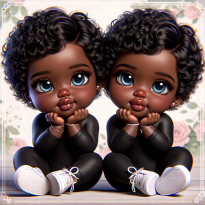 Imagine a pair of adorable, 3D animated african-American, infant twins with radiant blue eyes and curly black hair, posed with their chubby cheeks resting in their hands. They're dressed in simple yet stylish black onesies. Delicate jewelry adorns their wrists. They're seated comfortably with white sneakers on their feet. The background is a soft pastel floral pattern, creating an atmosphere of innocence and charm, without any text present in the image.