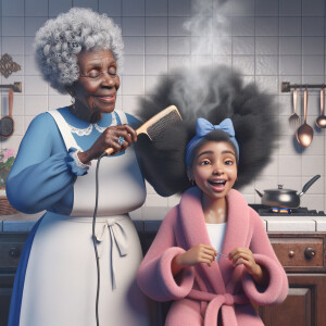 Create a realistic 3-D image of an african-American grandmother wearing a blue house dress and a white apron . She is in the kitchen with her african-American granddaughter. Her granddaughter is wearing a pink bath robe. The grandmother has a hot comb in her hand and she is straightening her granddaughters hair. One side of her granddaughters hair is in  a Afro the other straight 
There is smoke coming from the hot comb
The granddaughter is making a face