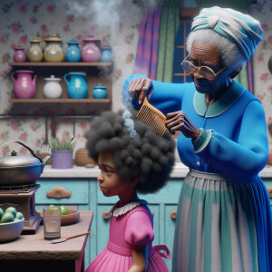 Create a realistic 3-D image of an african-American grandmother wearing a blue house dress. She is in the kitchen with her african-American granddaughter. Her granddaughter is wearing a pink dress The grandmother has a hot comb in her hand and she is straightening her granddaughters hair. One side of her granddaughters hair is in  a Afro the other straight 
There is smoke coming from the hot comb