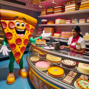 Anthropomorphic slice of pizza with human-like arms and facial f...