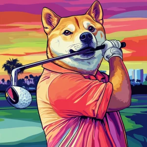 MEME DOGE in GTA art style, DOGE playing golf, in the style of...