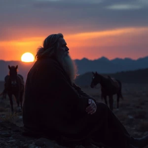 A noble prophet-like figure sits quietly, gazing at the sun sett...