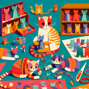 Cats cutting out paper cat  dolls, cute