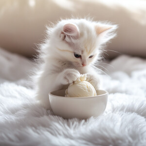 White kitten with fluffy fur enjoying a scoop of vanilla ice cre...