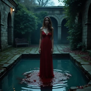 A secluded gothic courtyard surrounded by ancient stone walls, w...