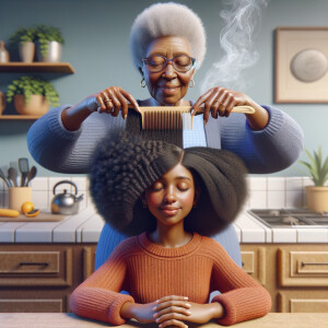 Create a realistic 3-D image of an african-American grandmother in the kitchen with her african-American granddaughter. The grandmother has a hot comb in her hair and she is straightening her granddaughters hair. One side of her granddaughters hair is in  a Afro the other is bone straight 
There is smoke coming from the hot comb