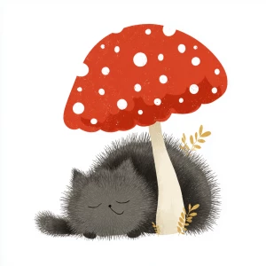 fluffy grey cat sleeping under a red mushroom with white spots,...