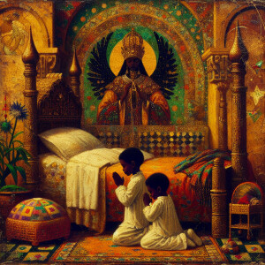 An oil painting of two African-American children with dark skin,...