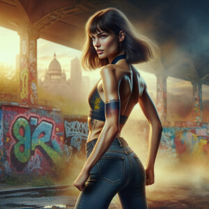 Athletic Thin skinny Attractive, Asian teenage girl, long brown hair and bangs, wearing tight skinny jeans and a halter top paint marks on her clothing, heroic pose Asian graffiti background, backside view