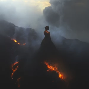 A futuristic portrait of a lands cape of an erupting volcano. Th...