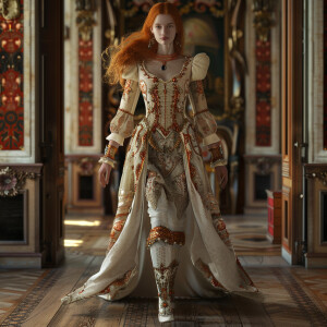 Create a photorealistic image of a light ginger-haired model wal...