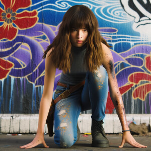 teenage girl, long brown hair and bangs, wearing tight skinny jeans and a halter top paint marks on her clothing, heroic pose Asian graffiti background, nearing on one knee