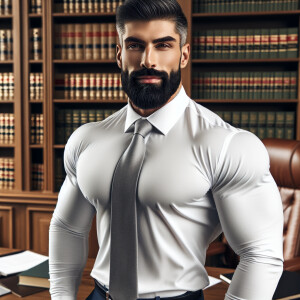 Portrait of a bearded, bodybuilder lawyer in full attire, standi...