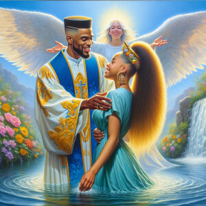 An oil painting depicting a light-skinned African-American pasto...