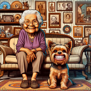 Whimsical  old lady sitting in her living room. Her Yorkie by he...