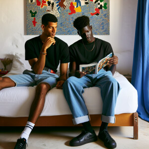 Two Full body brown skinned thugs laying back relaxed on a bed i...