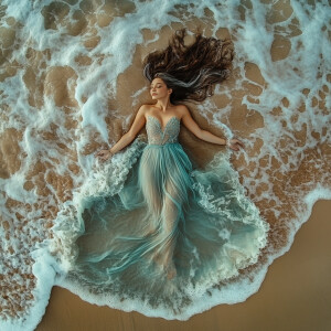 A curvy woman lying on her back on a sandy beach with her arms o...