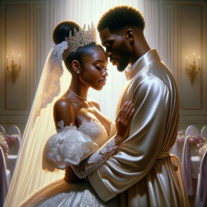 Imagine a hyper-realistic oil painting that captures a tender moment between theAfrican American bride and her God. The setting is intimate and filled with soft, warm lighting that enhances the emotional depth of the scene. The bride, in herexquisite wedding gown, shares a heartfelt embrace with her african-American Lord Jesus , who is dressedin an elegant outfit that complements the wedding's color scheme. Their expressions are full of love, pride, and joy, reflecting the special bond between them. Theattention to detail is paramount, from the intricate designs of their dresses to the subtle emotions conveyed in their facial expressions. The background is a blur ofgentle pastel hues, ensuring that the focus remains on this touching moment. Thispainting should convey the warmth, love, and depth of the relationship, with the rich textures and vibrant strokes characteristic of oil paintings, capturing the essence of this significant pre-wedding moment.