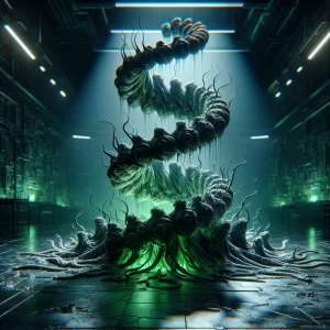 "In a dimly lit laboratory, a grotesque double helix rises, puls...