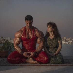 Photo HyperRealism,painting.A man muscular beefy sweaty doinga y...