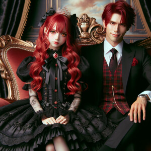 Lilith as a girl with elegant gothic lolita dress sit on the lap of handsome lucifer, the girl has red hair and golden eyes, thrones, black and red elegant luxury background, handsome lucifer smirk