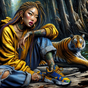 ink wash: In the style of dynamic composition a beautiful Asian...