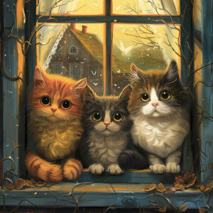 A cartoon of three mischievous cats sitting on a ledge, looking...