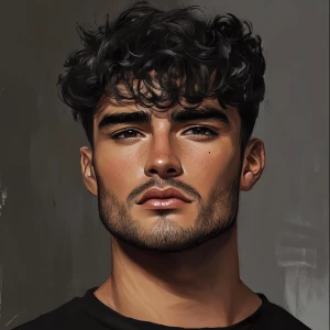 Well done handsome man with black curly hair, short hair, thick...