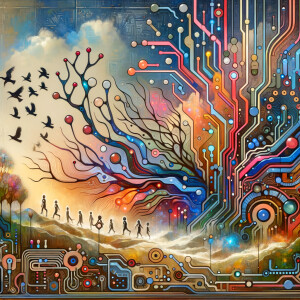 circuitry, diagrams Cellular structures, DNA, circuit boards, colorful wires,  asian and Egyptian  graffiti, lie detector graphs, cardio, printout , branches infinity sign, cave, Art, handprints, distant birds flying, flowering vines, abstract gestural painting, dna