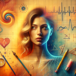 Abstract, minimalist, painting, with pencil line, paint stroke, gestures, colorful marks, mathematical equations, electrical cardiogram, printouts complex math formulas, dna asian teen girl