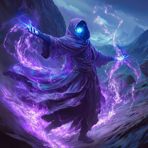 A lavender-skinned wizard alien with glowing blue eyes using her...