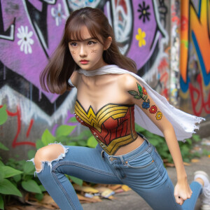 teenage girl, long brown hair and bangs, wearing tight skinny jeans and a halter top paint marks on her clothing, heroic pose Asian graffiti background, nearing on one knee