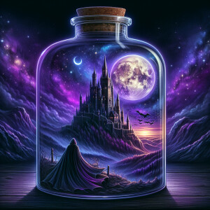 create a highly detailed fantasy world inside a glass bottle, it...