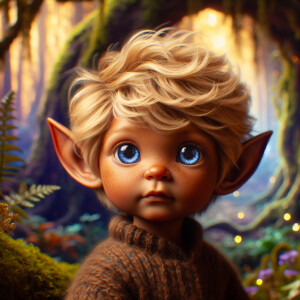 An elven baby with dark brown skin, blue eyes, and blonde hair.