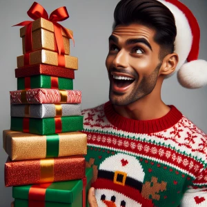 A man with neatly slicked-back flat brown hair dons a festive Sa...