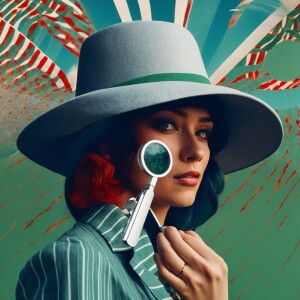 white background gray female silhouette with detective hat holdi...