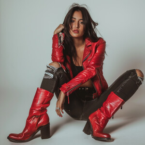 Photo of fair skinned hourglass figure woman with dark straight...