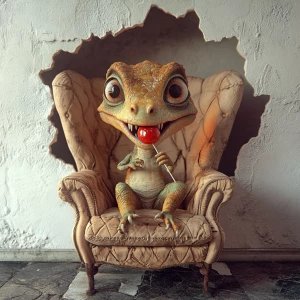 A cute, expressive young,  little dinosaur with a guilty expression, expressive eyes,  is sitting on a vintage oversized quilted reading chair. He has a red shiny lollipop in his hand and is licking it. His tongue shows as he is licking the lollipop. The scene is shown in dark lighting with the light accentuating the dinosaur. The scene is shown through a hole in the wall. The floor part of the scene is vintage dark cobble stones. The hole in the white plaster wall is realistic and surrounds the whole owith some cracks.